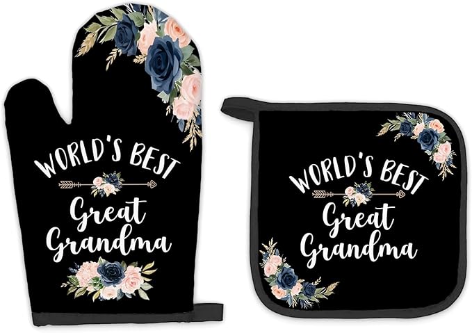 Great Grandma Gifts Oven Mitts and Pot Holders Sets, Gifts for Great Grandma Kitchen Decor Accessories Sets, World’s Best Great Grandma Heat Resistant Oven Glove Potholders for Kitchen Cooking