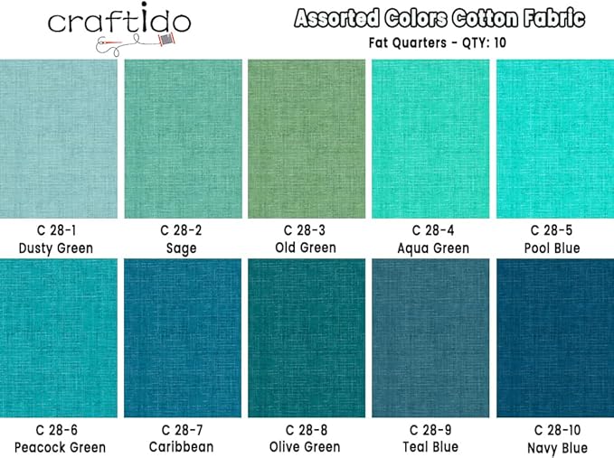 Craftido - 11 Options Solids with Tweed Tonals-Assorted Color Cotton Quilting Fabric Bundles 10pcs Fat Quarters 18"x21"-Medium Weight 5.2oz-for Quilting, Sewing and Crafts-Midnight Oasis(Greens+Blues)
