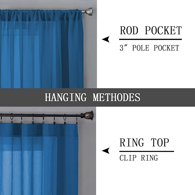 Tollpiz Short Sheer Curtains Living Room Linen Textured Curtain Sheers Light Filtering Voile Rod Pocket Curtains for Bedroom, 38 x 45 inches Long, Classic Blue, Set of 2 Panels