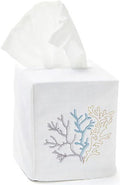 Jacaranda Living Square Tissue Box Cover, Linen/Cotton Fabric Tissue Holder, Decorative Cloth Tissue Cube Cover, Coastal Designs Coral (Duck Egg Blue)