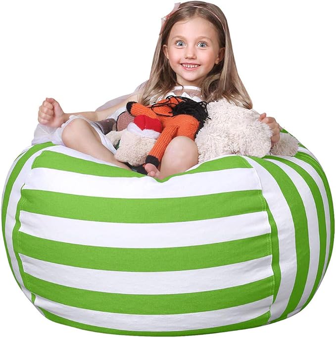 WEKAPO Stuffed Animal Storage Bean Bag Chair Cover for Kids | Stuffable Zipper Beanbag for Organizing Children Plush Toys Large Premium Cotton Canvas (Green, X-Large)