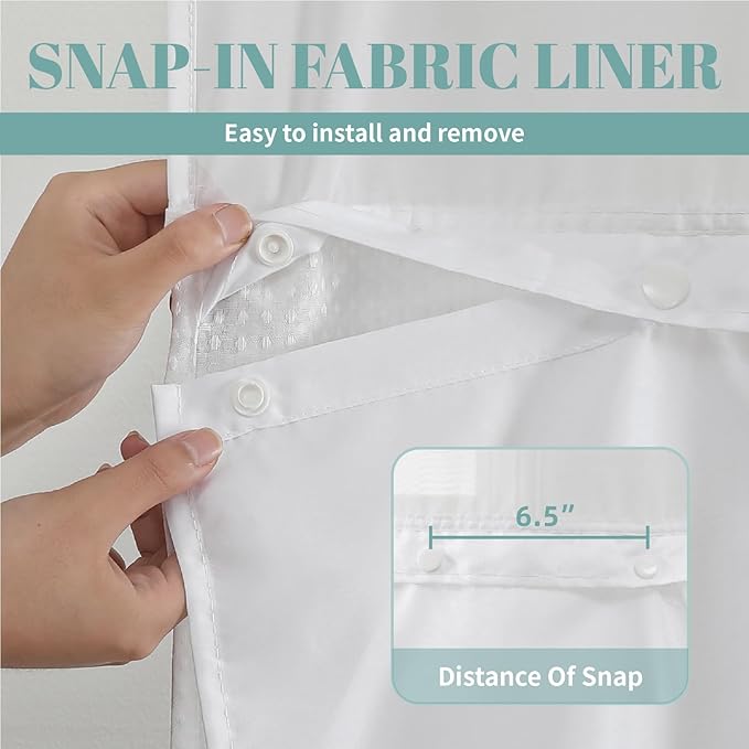eachope White No Hook Waffle Weave Shower Curtain with snap-in Liner Replacement, 230GSM Waterproof Fabric Hotel Shower Curtain Set for Bathroom, Through Mesh Top Window,71Wx92H