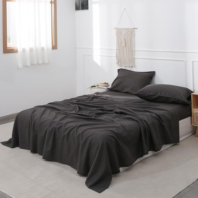 Simple&Opulence Belgian Linen Sheet Set Solid Color - 4 Pieces (1 Flat Sheet, 1 Fitted Sheet & 2 Pillowcases) Natural Flax Cotton Blend Soft Breathable Farmhouse Bedding - Queen Size, Dark Grey