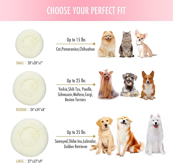 Raimaiso Anti Anxiety Round Fluffy Plush Faux Fur Warm Washable Dog Bed & Cat Bed, Original Bed for Small Medium Large Pets,Used to Relieve Joints and Improve Sleep（20"/24"/27''） (27", White)