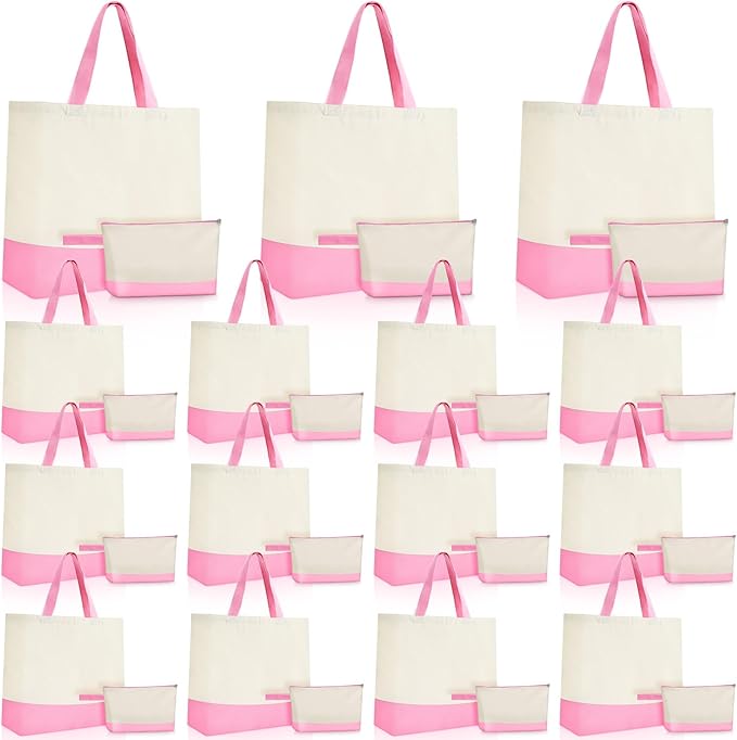 Sanwuta Canvas Tote Bags Bulk with Zipper Cosmetic Pouch 18.5" Reusable Cotton Shopping Bag with Handle for DIY Craft