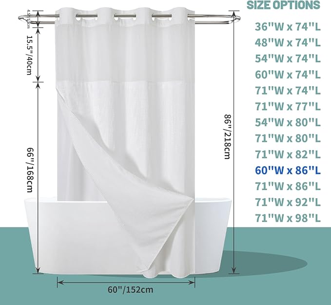 eachope White No Hook Waffle Weave Shower Curtain with snap-in Liner Replacement, 230GSM Waterproof Fabric Hotel Shower Curtain Set for Bathroom, Through Mesh Top Window,60Wx86H