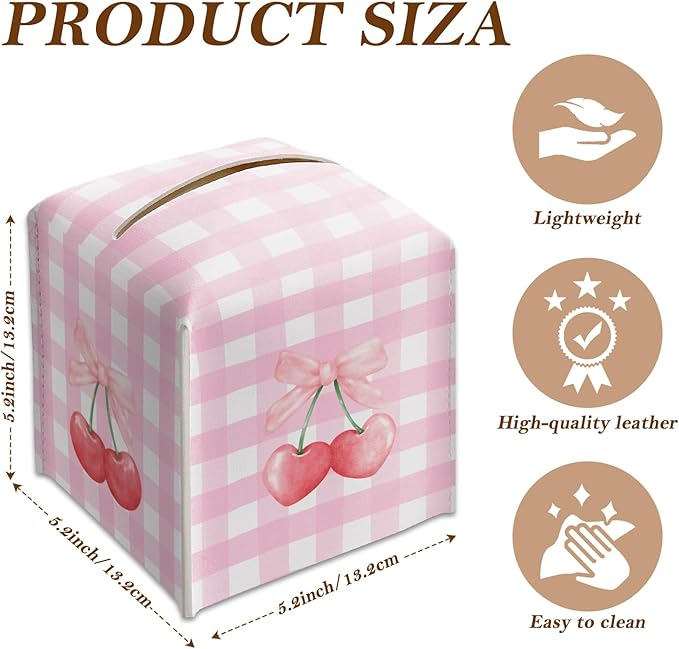 Pink Bow Cherry Tissue Box Cover Square, Leather Tissue Holder with Bottom Belt, for Nightstands Desks Office Bathroom Car Vanity Home Decor Supplies -001
