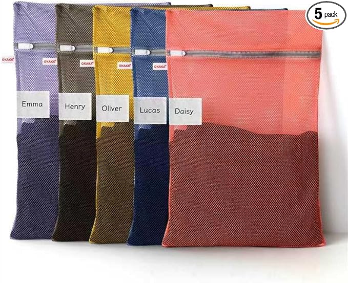 OKAKA 5-Pack Mesh Laundry Bags with ID Label, Sturdy Laundry Bags for Delicates, Hosiery, Underwear,Travel and Organize- 5 Color(14x20 Inch)