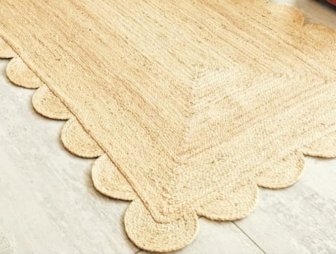Scalloped Natural Jute Area Rug, Natural Color (6'X4'), 4'X6', SVIRUGH1