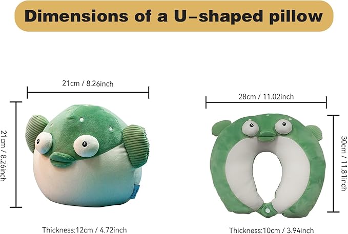 stocaggio Kids Travel Pillow - 2-in-1 Deformable Kids Neck Pillow for Traveling, Soft U-Shaped Pillow with Adorable Animal Design, Comfy Sleep and Play, Ideal for Airplanes and Traveling (Green Fish)