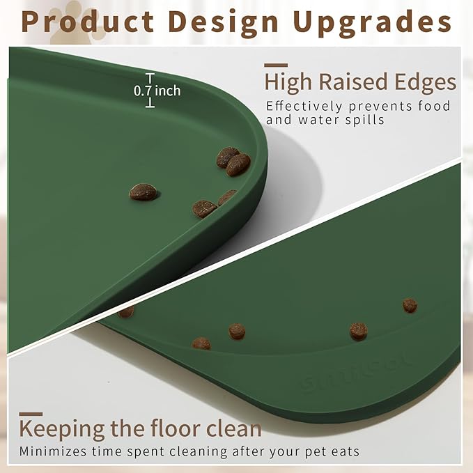 Smilool Silicone Pet Food Mat with Raised Edge for Food and Water Bowl, Dog Feeding Mats, Cat Food Trays for Floor Waterproof, Rubber Tray for Dogs and Cats, 17 x 12 x 0.7 Dark Olive