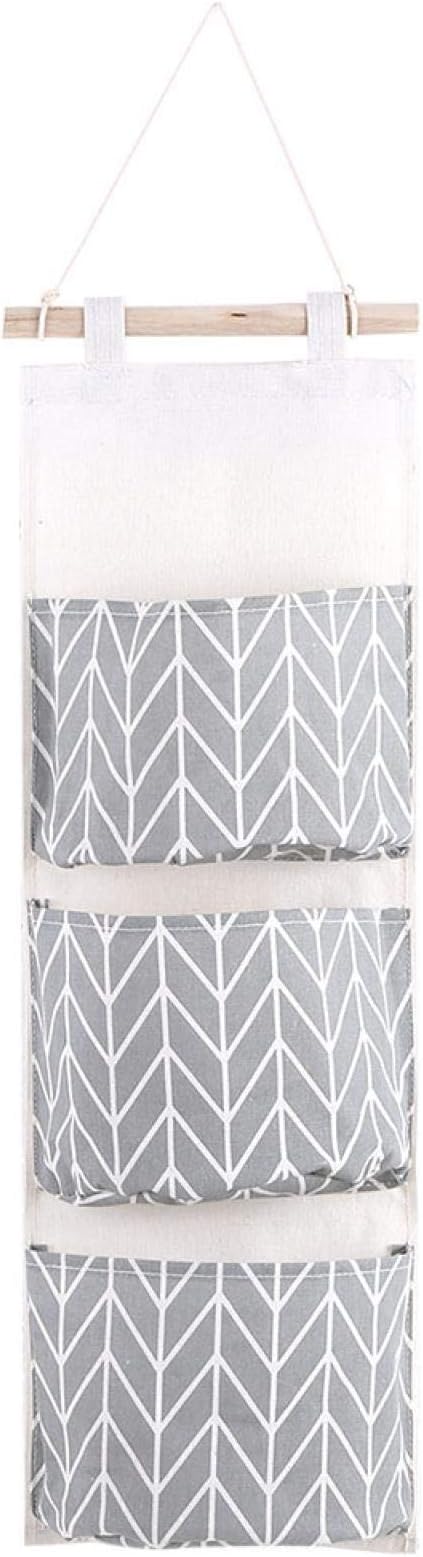 Oumefar 3 Pockets Hanging Pouch Cotton Linen Wall Hanging Storage Bags Door Pouch Bedroom Home Office Organizer 20x67cm(Gray)