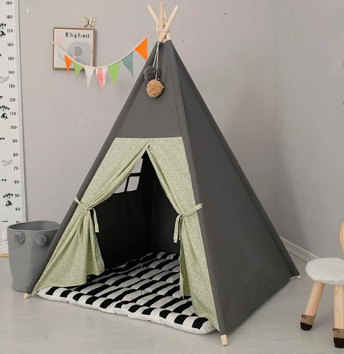 TreeBud Teepee Tent for Kids Stripe Padded Mat Foldable Dark Tone Grey Play Tents for Girl and Boy with Carry Case Wooden Pole Printing Canvas Tepee Playhouse for Child Indoor Outdoor
