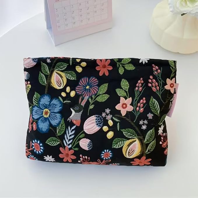 SxoSyo Cosmetic Bags for Women Makeup Bag Large Capacity Purse Travel Toiletry Zipper Storage Pouch Make up Brushes Organizer for Gifts (Flowers, Black)