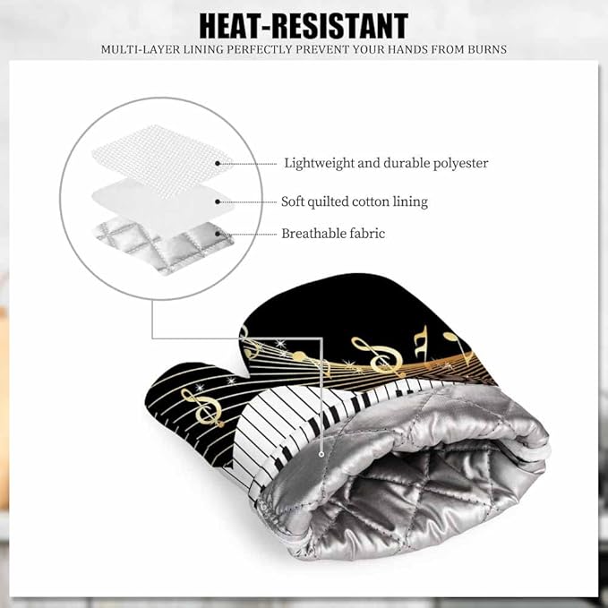 Mxocom Piano and Music Note Heat-Resistant Oven Mitts and Pot Holder Instrument Melodic Letter Twinkle Black Kitchen Non-Slip Cooking Microwave Gloves for Cooking Baking Grilling