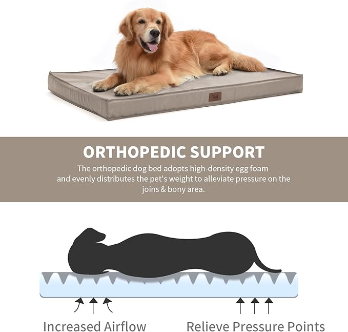 Tail Stories Outdoor All Weather XL Dog Bed, Waterproof Pet Bed for Extra Large Dogs, Orthopedic Egg Crate Foam with Removable Washable Oxford Cooling Cover, 44x32 Inch, Khaki