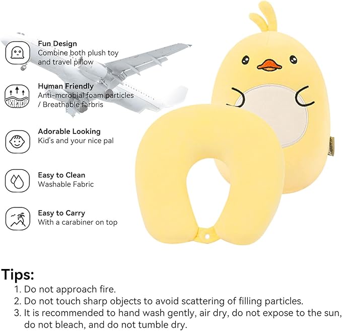 stocaggio Kids Travel Pillow - 2-in-1 Deformable Kids Neck Pillow for Traveling, Soft U-Shaped Pillow with Adorable Animal Design, Comfy Sleep and Play, Ideal for Airplanes and Cars - Yellow Duck