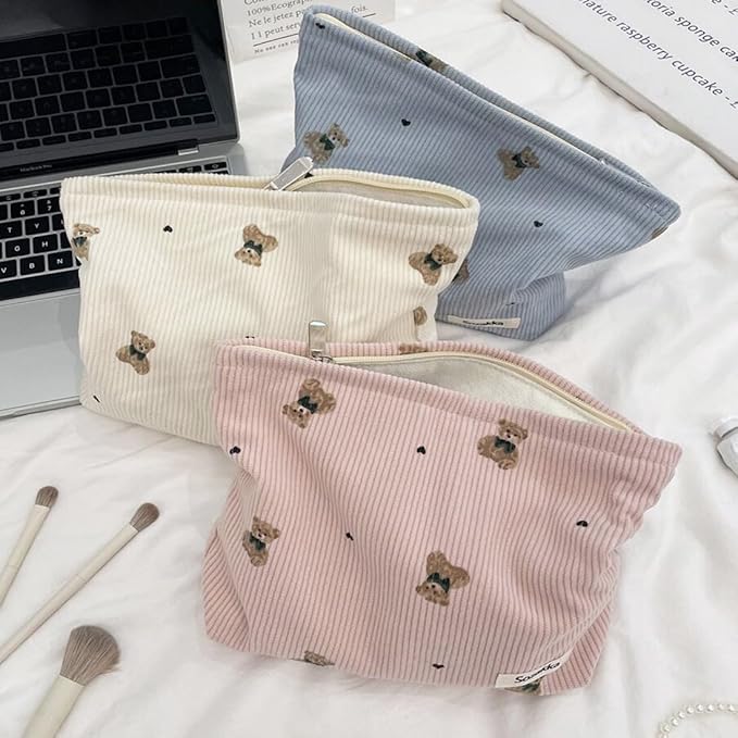 SxoSyo Cosmetic Bags for Women Makeup Bag Large Capacity Purse Travel Toiletry Zipper Storage Pouch Make up Brushes Organizer for Gifts (Corduroy Bear, Pink)