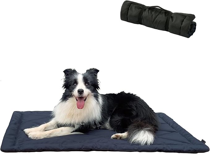 GNarbor Rollup Camping Outdoor Dog Bed,Portable Dog Travel Mat with Carry Handles for Medium Large Dogs Waterproof Washable Pet Pad,42 * 28”Dark Blue