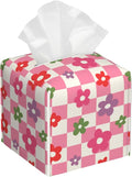 OHEGBXE Tissue Box Holder Vintage Groovy Flower on Checkered Square Leather Tissue Box Cover Modern Cube Facial Paper Cover Case for Bathroom Vanity Countertop Night Stands Tabletop