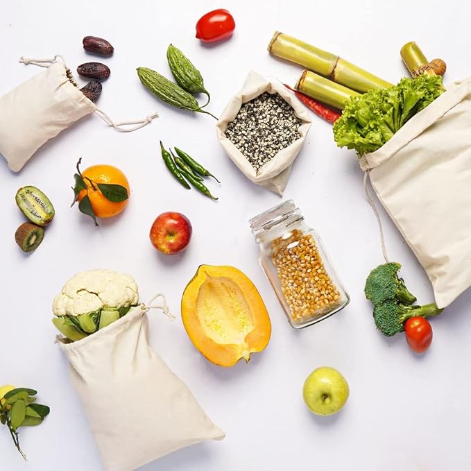 BigLotBags 100Pcs 8 x 10 Inches Premium Cotton Muslin Double Drawstring Bags, Reusable Bag Natural Cotton Bags with Drawstring Produce Bags Bulk Gift Bag Jewelry Pouch for Party Wedding Home Storage