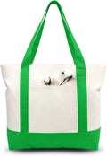 TOPDesign 1-Pack Canvas Tote Bag with an External Pocket, Reusable Grocery Shopping Bag, Top Zipper Closure, Daily Essentials (Lime Green/Natural)