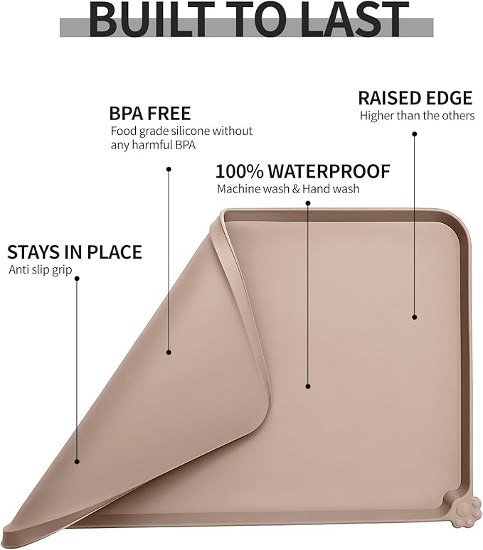 Reopet Waterproof Pet Feeding Mat with High Raised Edges, Heavier and Thicker Placemats for Cat Dog Water Bowl with BPA Free, Dogs Cats Food Mats for Messy Drinkers to Prevent Spill and Protect Floors