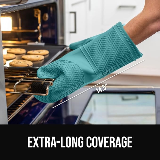 GORILLA GRIP BPA-Free Soft Silicone Oven Mitts, 14.5x8.3, Heat Resistant and Waterproof Cooking Gloves, Thick Cotton Lining, Flexible Gripping for Baking Grilling, Kitchen Potholders Set, Turquoise