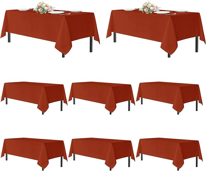 sancua Thanksgiving Tablecloths for 6 Foot Rectangle Tables, 8 Pack Burnt Orange - Washable Polyester Fabric Fall Table Cloth for Holiday Party, Birthday, Banquet Reception, 54x108 Inch Rust