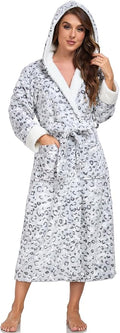 RONGTAI Womens Plush Fleece Hooded Bathrobe, Thick Nightgown Long Robe Sleepwear with Two Side Pockets and Belt