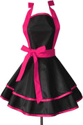 Hyzrz Lovely Handmade Cotton Retro Black Aprons for Women Girls Cake Kitchen Cook Apron for Mother's Gift (Red Rose)
