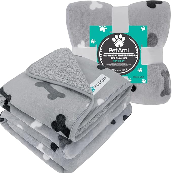 PetAmi Waterproof Dog Blanket Sherpa Fleece, Pet Medium Large Dogs, Reversible Cat Throw Bed Couch Sofa Furniture Protector, Soft Plush Microfiber (Large 40x60, Bone Print Gray), (40x60)