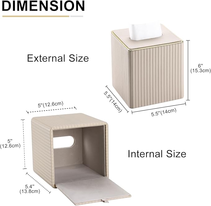 KINGFOM Square Tissue Box Cover, PU Leather Tissue Box Holder for Kleenexs with Magnetic Bottom Cover for Facial Tissues/Napkins, Office & Living Room Decor Box Beige