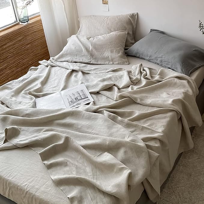 Simple&Opulence Washed Linen Bed Sheet Set Basic Style 4 Pieces (1 Flat Sheet & 1 Fitted Sheet & 2 Pillowcases) 100% Natural French Flax Soft Breathable Farmhouse Bedding (Queen, Linen)