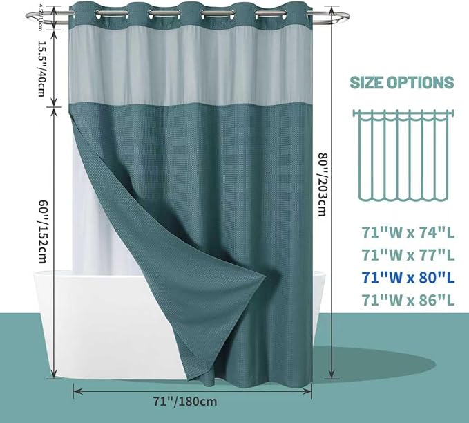 eachope SeawedGreen Long No Hook Waffle Weave Shower Curtain with snap-in Liner Replacement, 230GSM Waterproof Fabric Hotel Shower Curtain Set for Bathroom, Through Mesh Top Window,71Wx80H