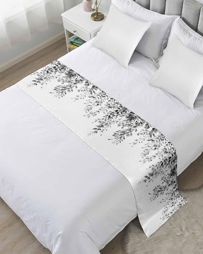 DecorLovee Grey Eucalyptus Bed Runners for Cal King Size Bed, Weeping Botanical Decorative Bed Throws for Foot of Bed, Leaf Watercolor Bed Runner Sofa Throw Bedding Scarf Slipcover for Bedroom