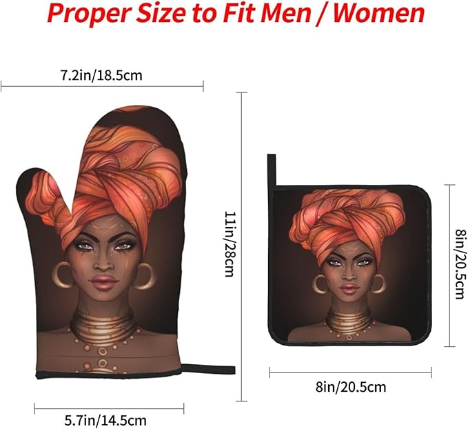 African Woman Oven Mitts and Pot Holders 4 Pcs Set Afro Black Girl Oven Gloves and Potholders for Cooking Microwave BBQ Baking Grilling