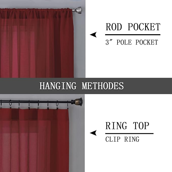 Tollpiz Short Sheer Curtains Linen Textured Living Room Curtain Sheers Light Filtering Rod Pocket Voile Curtains for Bedroom, 42 x 45 inches Long, Burgundy Red, Set of 2 Panels