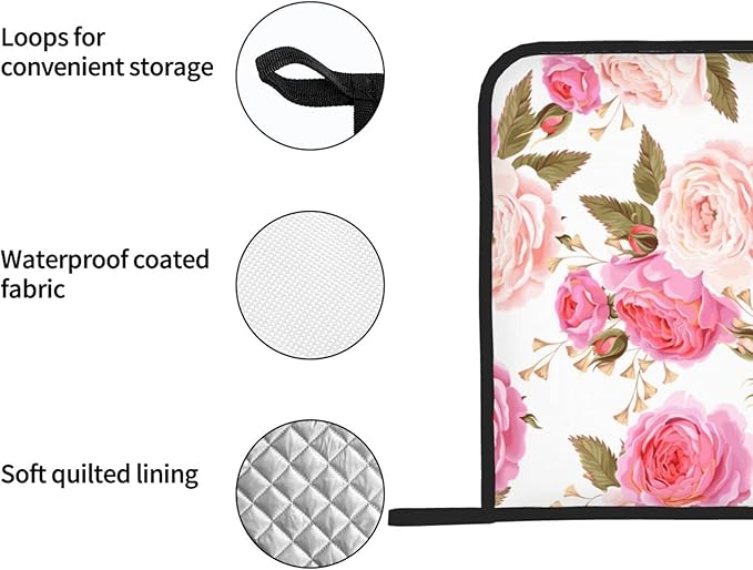 Elegant Hanging Oven Pads and Pot Holders Set, Pink Roses Kitchen Heat Resistant and Non-Slip Potholder with Loop for Cooking BBQ Kitchen Set of 2