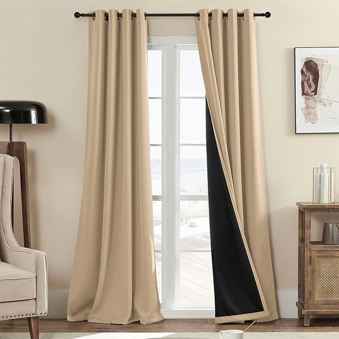 Rutterllow 100% Blackout Curtains, Full Shade 84 Inches Long Complete Drapes for Living Room,Thermal Insulated Bedroom Window Treatment Drapes (2Panels,Khaki,52x84inch)