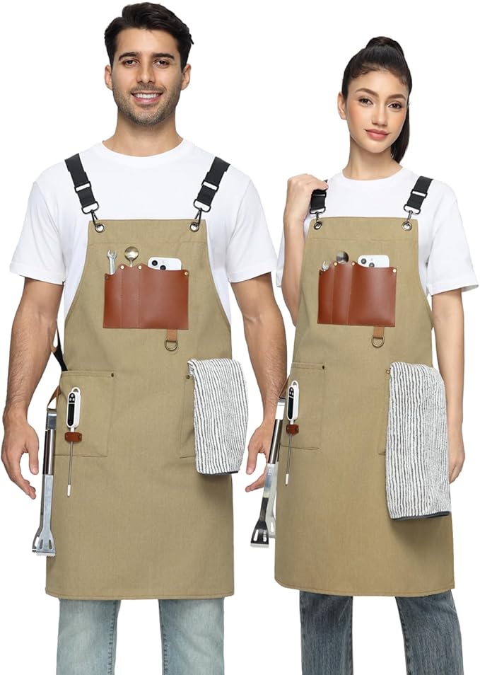 Kitchen Apron - 3 Large Pockets, Cross Back Apron With Adjustable Straps, Cooking Kitchen Chef Apron For Women And Men, Wear-Resistant & Easy To Clean.(Khaki)