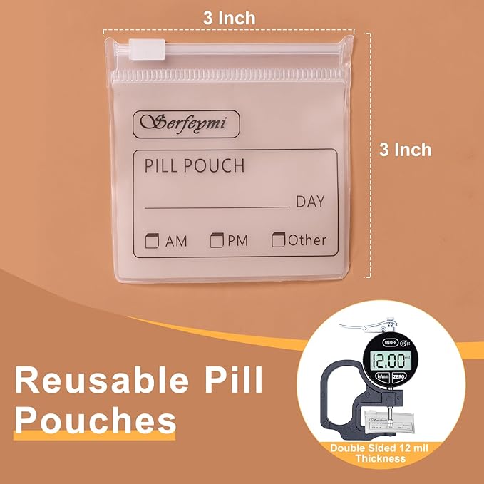 Serfeymi 32 Pcs Pill Pouch Bags for Travel Reusable Plastic Bags 3 x 3 Inches 12 mil (Double Sided) Translucent Zippered Pill Pouches for Medicine with Slide Lock & Writable Label，1 Pc Marker - White