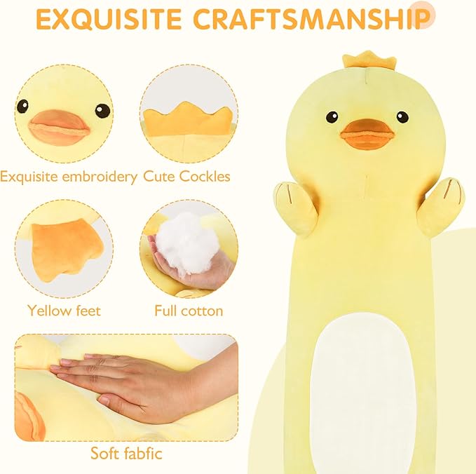 22” Long Duck Plush Body Pillow, Cute Duck Stuffed Animals, Soft Squishy Cuddly Pillow Plushies Toy Gifts for Kids Boys Girls, Birthdays, Halloween, Christmas
