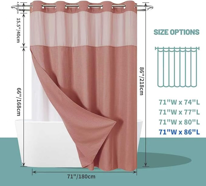 eachope Coral No Hook Waffle Weave Shower Curtain with snap-in Liner Replacement, 230GSM Waterproof Fabric Hotel Shower Curtain Set for Bathroom, Through Mesh Top Window,71Wx86H