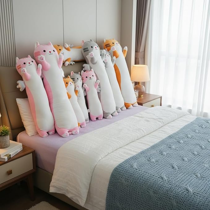 Long Cat Plush Pillow, Cute Cat Stuffed Animal Body Pillow with Wings, Soft Kawaii Kitty Hugging Pillow, Christmas Valentine's Birthday Gift for Kids Girls Boys (Gray, 90cm/35.43in)