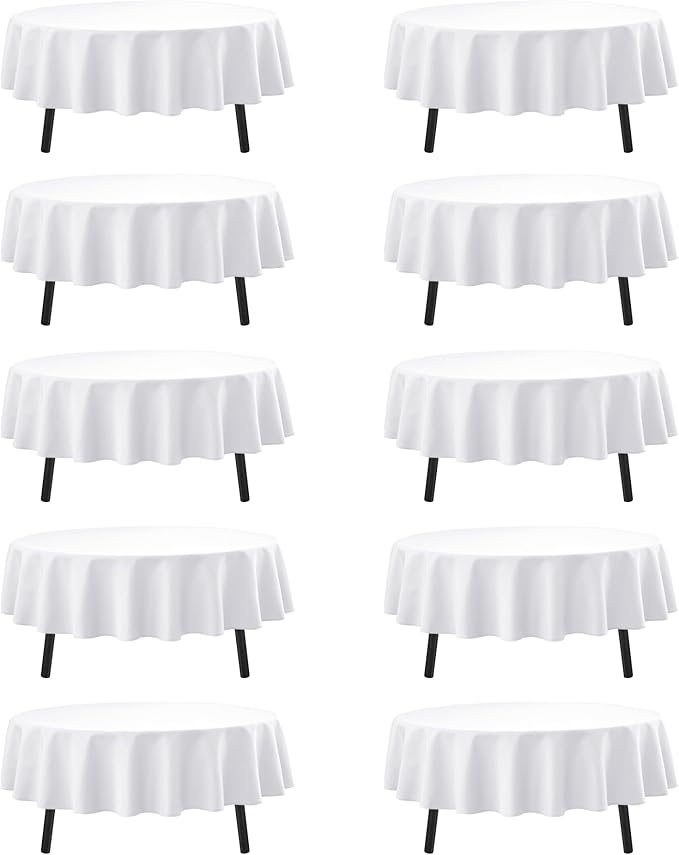 10-Pack White Round Tablecloths, 70 Inches, Stain-Resistant Polyester for 3-4 Ft Round Tables - Washable Table Covers for Weddings, Banquets, Birthday Parties, Events