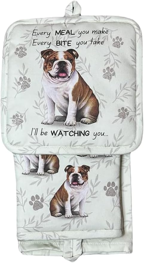 Bulldog 3-Piece Kitchen Set - Oven Mitt, Pot Holder & Kitchen Towel Set, Heat Resistant up to 420 F, Soft Quilted Cotton for Cooking, Baking, BBQ, Pet Lover Gifts (Bulldog)