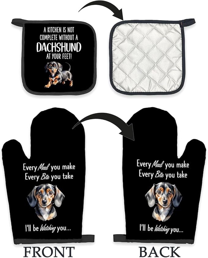 Dachshund Gifts Dog Oven Mitts and Pot Holders Sets, Weiner Dog Gifts Kitchen Accessories Sets, Complete Without a Dachshund Dog Black Heat Resistant Oven Glove Potholder for Kitchen Baking