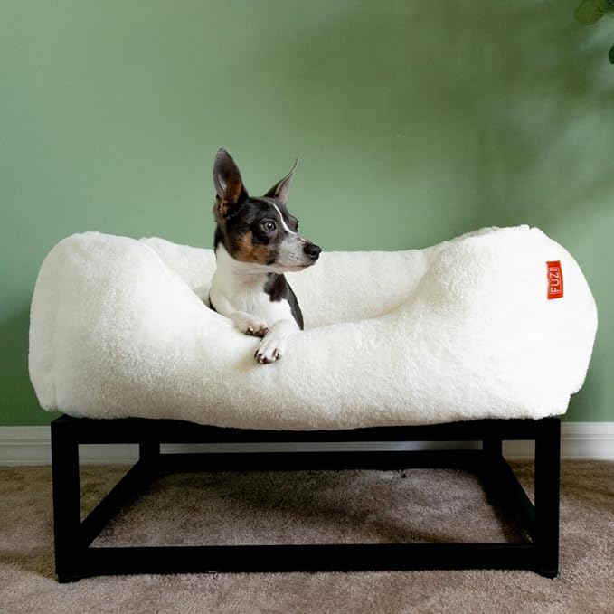 FUZI Elevated Dog Bed Medium with Extra Cover, Luxury Raised Dog Beds, Removable and Machine Washable Bed Cover, Indoor/Outdoor Orthopedic Pet Bed, Medium 31.75x23.6x18 Soft White and Black Base