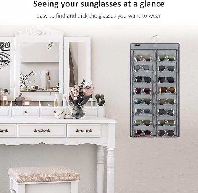 ANZORG Dual Sided Hanging Sunglasses Organizer Wall Eyeglass Holder Sunglass Rack for Home with 32 Dust Proof Pockets (32 Pockets-Grey)